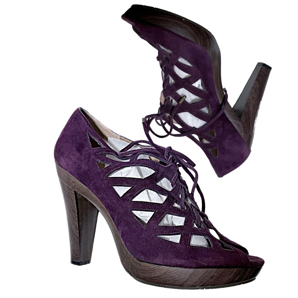 Purple suede bird cage shoes Jessica Simpson open toe laces  9.5 M 4.5” HEEL